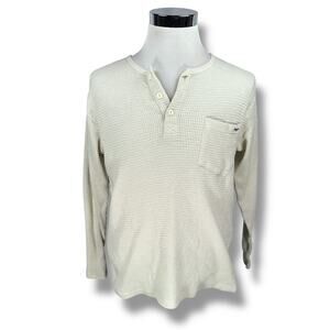 Seager Waffle Knit Thermal Henley Shirt Mens Large Cream Cotton Long Sleeve READ